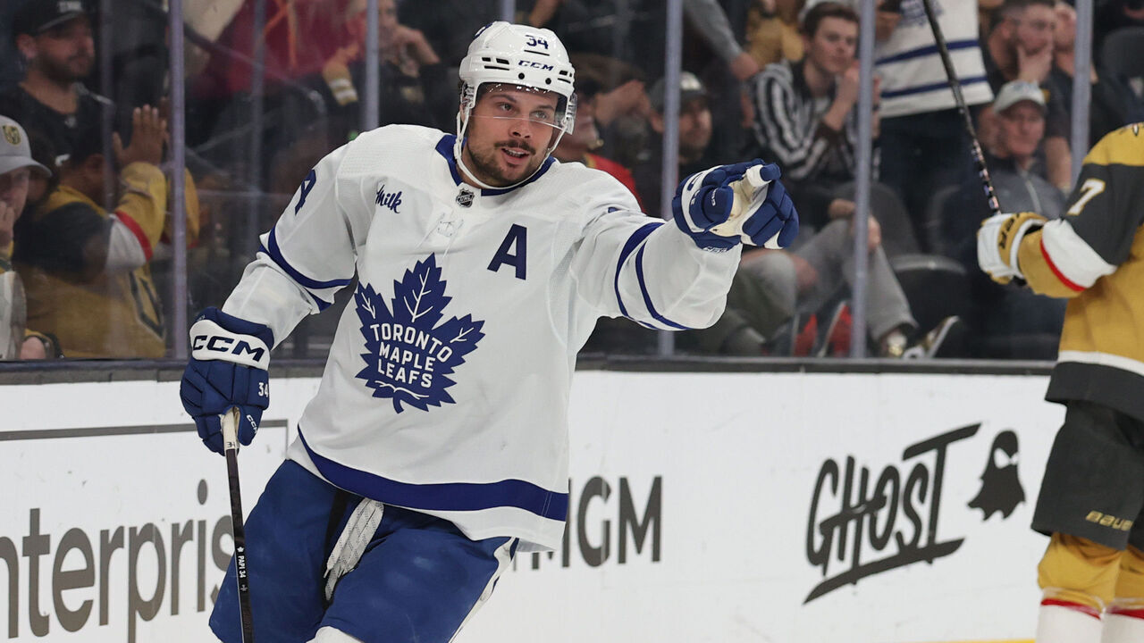 LAS VEGAS, NEVADA - FEBRUARY 22: Auston Matthews #34 of the Toronto Maple Leafs celebrates after scoring a goal during the third period against the Vegas Golden Knights at T-Mobile Arena on February 22, 2024 in Las Vegas, Nevada.