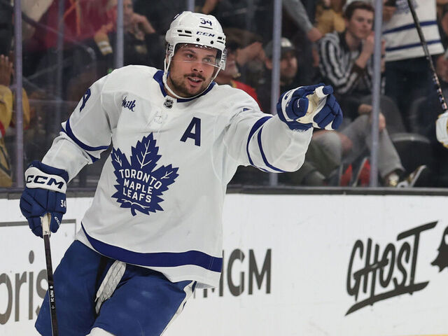 LAS VEGAS, NEVADA - FEBRUARY 22: Auston Matthews #34 of the Toronto Maple Leafs celebrates after scoring a goal during the third period against the Vegas Golden Knights at T-Mobile Arena on February 22, 2024 in Las Vegas, Nevada.