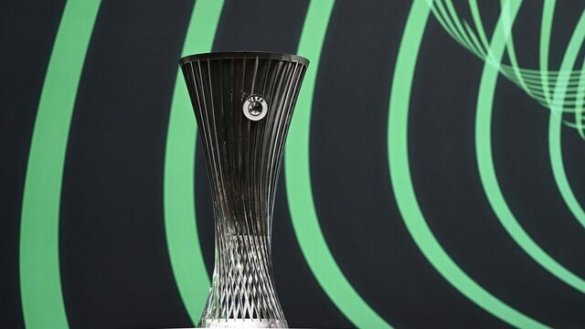 The competition trophy is displayed prior to the draw for the round of 16 of the 2023-2024 UEFA Conference League football tournament at the House of European Football in Nyon, on February 23, 2024.