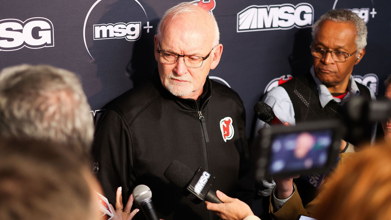 NEWARK, NJ - NOVEMBER 18: New Jersey Devils head coach Lindy Ruff speaks to the media before a game between the New York Rangers and New Jersey Devils on November 18, 2023 at Prudential Center in the Newark, New Jersey.
