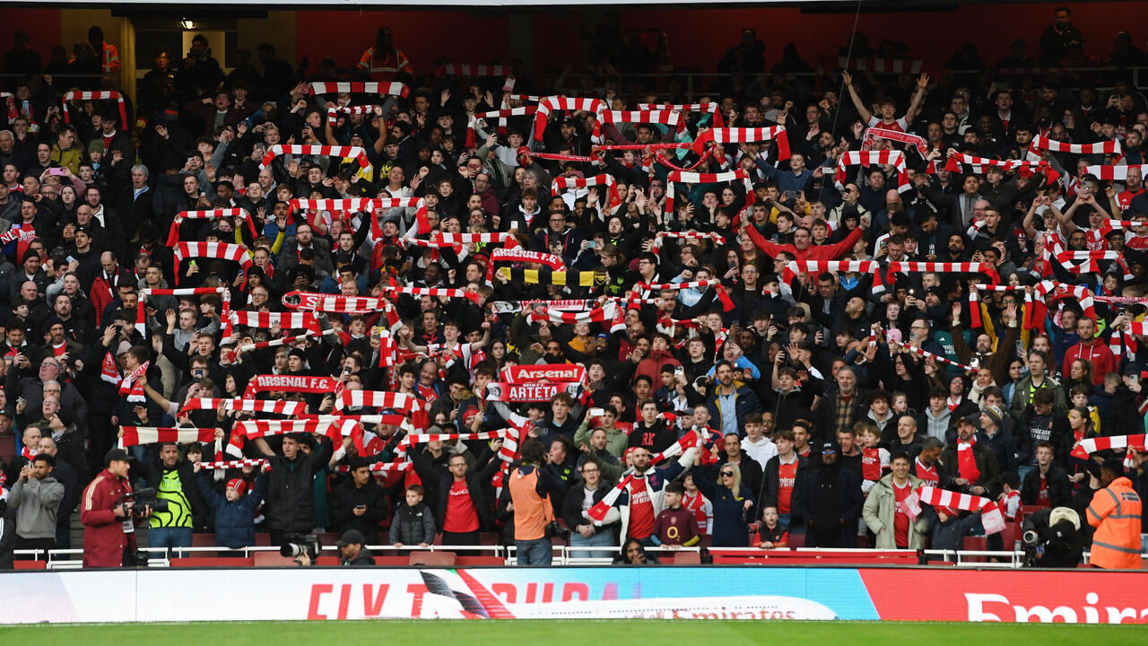 LONDON, ENGLAND - FEBRUARY 04: Fans of Arsenal show their support prior to the Premier League match between Arsenal FC and Liverpool FC at Emirates Stadium on February 04, 2024 in London, England.