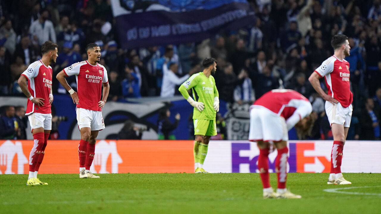 Arsenal players appear dejected after the UEFA Champions League match at Estadio do Dragao in Porto, Portugal. Picture date: Wednesday February 21, 2024.