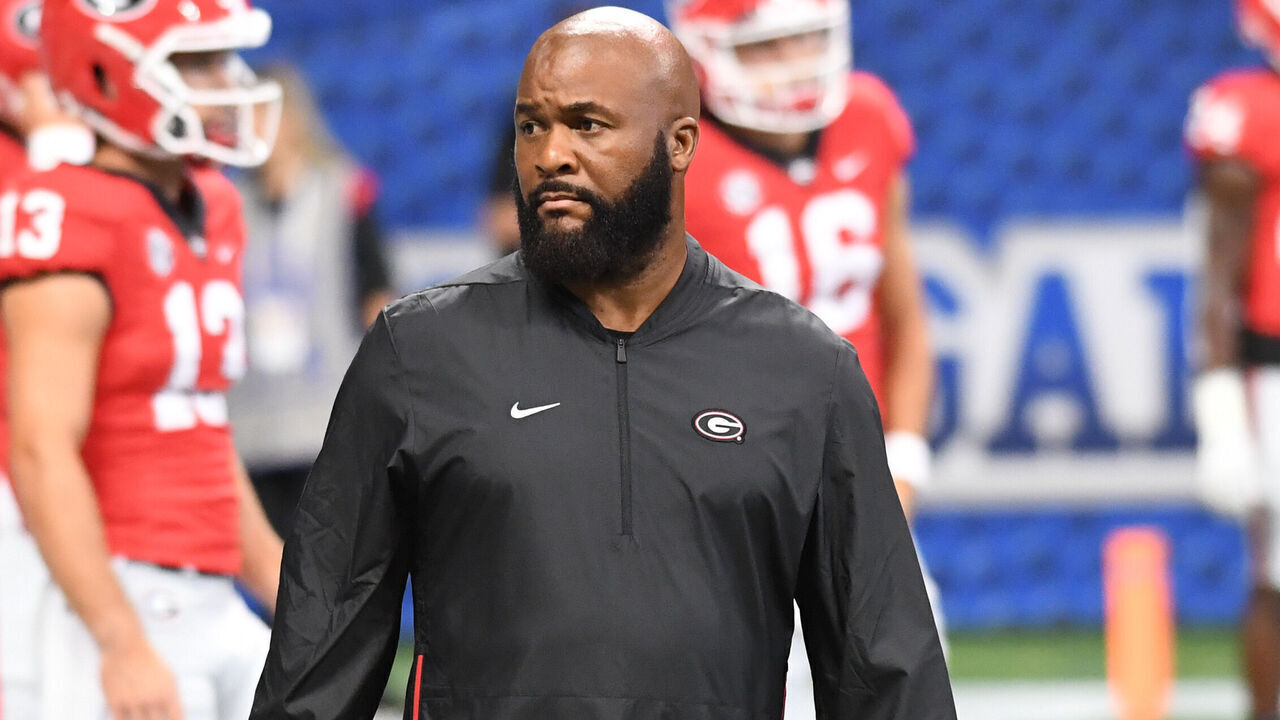 ATLANTA, GA - SEPTEMBER 03: Georgia Bulldogs Running Backs Coach Dell McGee looks on during warmups before the Chick-Fil-A Kickoff Game between the Oregon Ducks and the Georgia Bulldogs on September 03, 2022, at Mercedes-Benz Stadium in Atlanta, Ga.