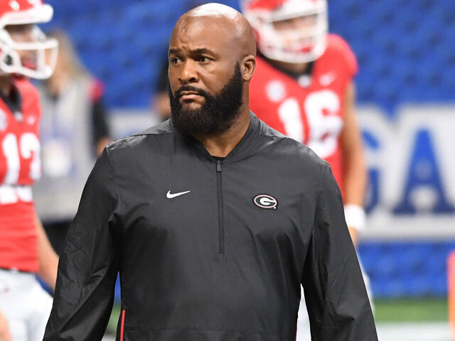 ATLANTA, GA - SEPTEMBER 03: Georgia Bulldogs Running Backs Coach Dell McGee looks on during warmups before the Chick-Fil-A Kickoff Game between the Oregon Ducks and the Georgia Bulldogs on September 03, 2022, at Mercedes-Benz Stadium in Atlanta, Ga.