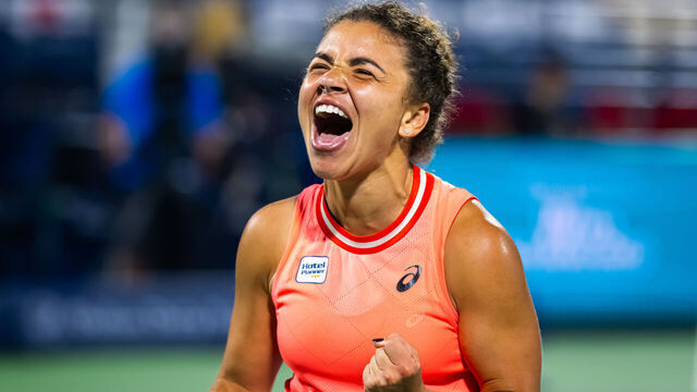 DUBAI, UNITED ARAB EMIRATES - FEBRUARY 23: Jasmine Paolini of Italy reacts to defeating Sorana Cirstea of Romania in the semi-final on Day 6 of the Dubai Duty Free Tennis Championships, part of the Hologic WTA Tour at Dubai Duty Free Tennis Stadium on February 23, 2024 in Dubai, United Arab Emirates