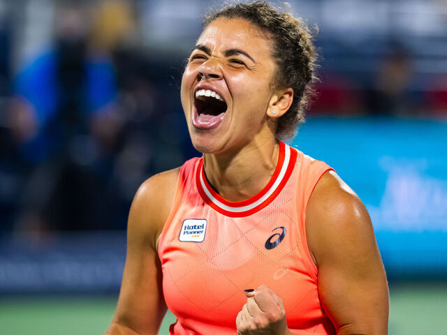 DUBAI, UNITED ARAB EMIRATES - FEBRUARY 23: Jasmine Paolini of Italy reacts to defeating Sorana Cirstea of Romania in the semi-final on Day 6 of the Dubai Duty Free Tennis Championships, part of the Hologic WTA Tour at Dubai Duty Free Tennis Stadium on February 23, 2024 in Dubai, United Arab Emirates