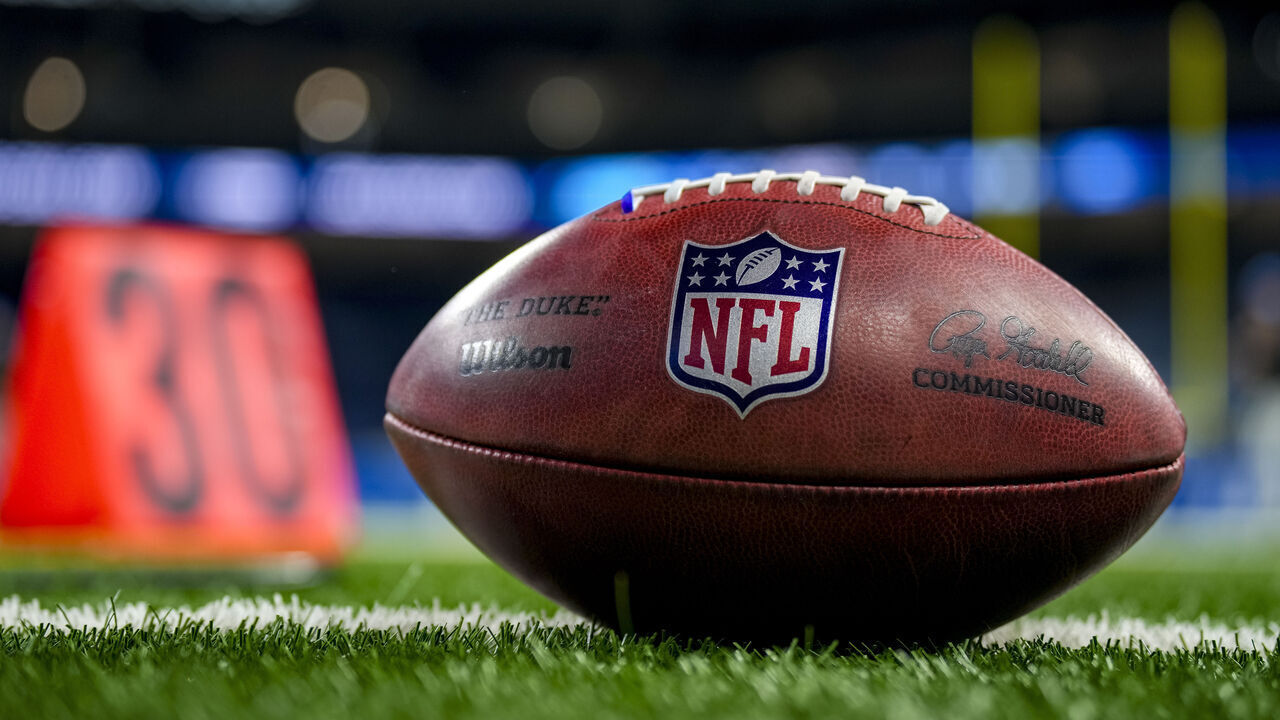 DETROIT, MICHIGAN - OCTOBER 08: The NFL logo is pictured on a Wilson brand football before the game between the Detroit Lions and Carolina Panthers at Ford Field on October 08, 2023 in Detroit, Michigan.
