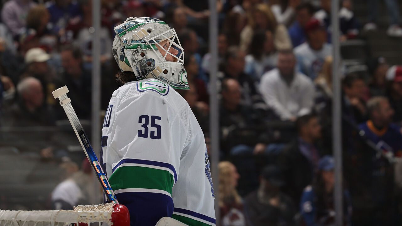 DENVER, COLORADO - FEBRUARY 20: Goaltender Thatcher Demko #35 of the Vancouver Canucks stands ready against the Colorado Avalanche at Ball Arena on February 20, 2024 in Denver, Colorado.