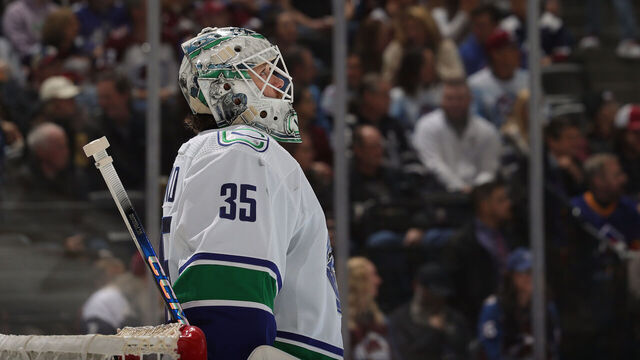 DENVER, COLORADO - FEBRUARY 20: Goaltender Thatcher Demko #35 of the Vancouver Canucks stands ready against the Colorado Avalanche at Ball Arena on February 20, 2024 in Denver, Colorado.