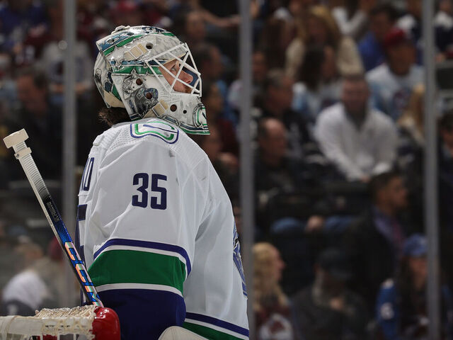 DENVER, COLORADO - FEBRUARY 20: Goaltender Thatcher Demko #35 of the Vancouver Canucks stands ready against the Colorado Avalanche at Ball Arena on February 20, 2024 in Denver, Colorado.
