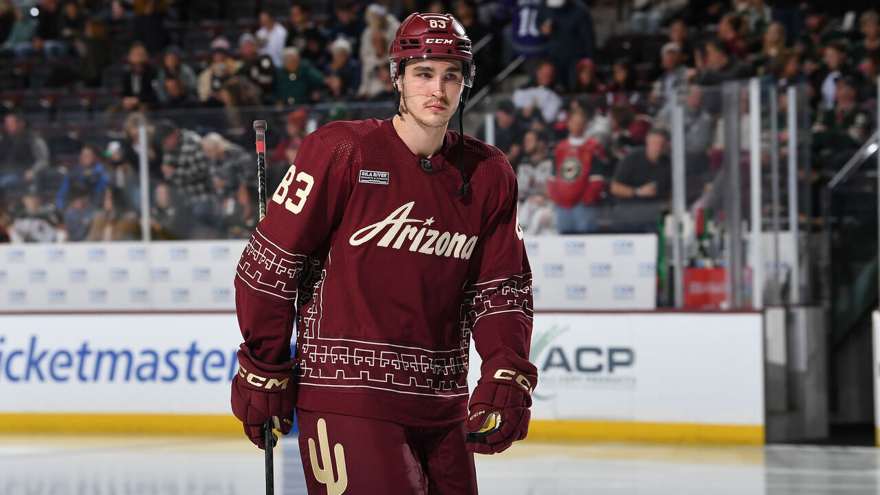 TEMPE, ARIZONA - FEBRUARY 14: Adam Ruzicka #83 of the Arizona Coyotes skates up ice against the Minnesota Wild at Mullett Arena on February 14, 2024 in Tempe, Arizona.