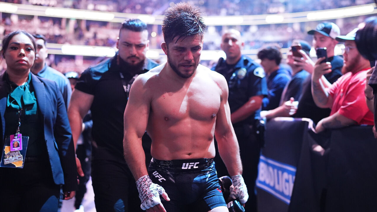 ANAHEIM, CALIFORNIA - FEBRUARY 17: Henry Cejudo reacts after a bantamweight fight against Merab Dvalishvili of Georgia during the UFC 298 event at Honda Center on February 17, 2024 in Anaheim, California.