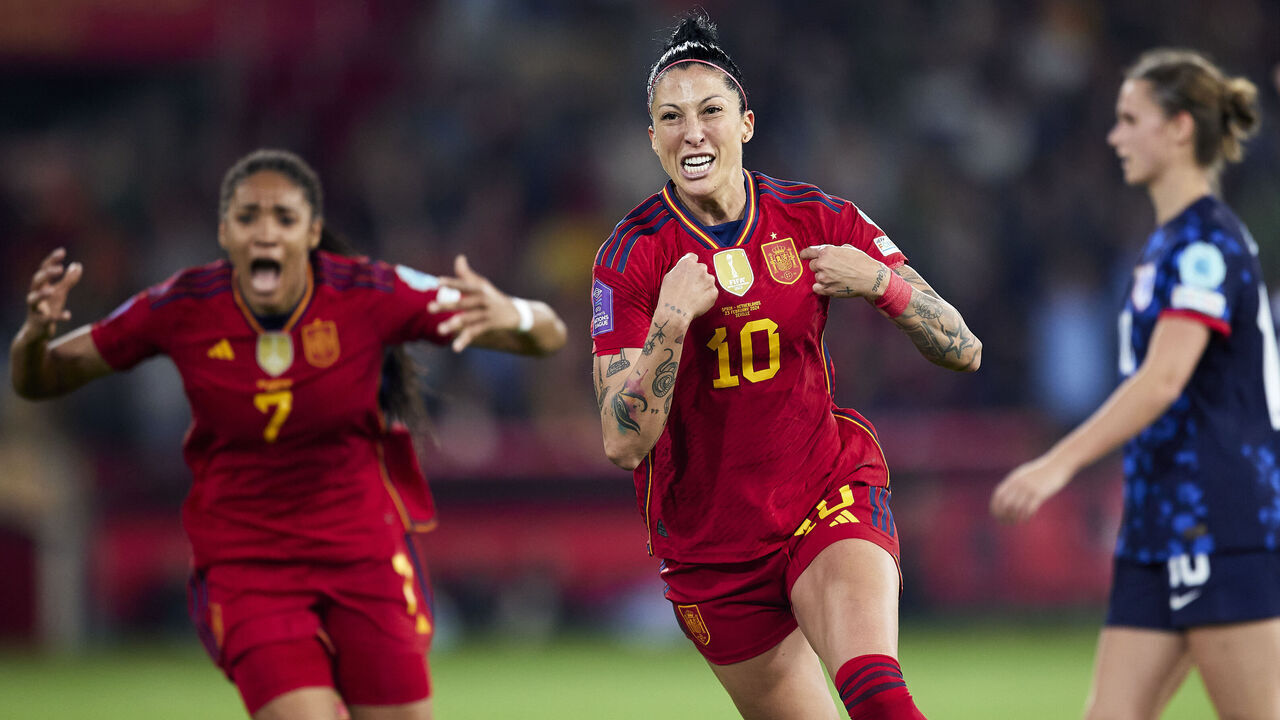 SEVILLE, SPAIN - FEBRUARY 23: Jenni Hermoso of Spain celebrates after scoring their side's first goal during the UEFA Women's Nations League 2024 semifinal match between Spain and Netherlands at Estadio de La Cartuja on February 23, 2024 in Seville, Spain.