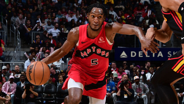 ATLANTA, GA - February 23: Immanuel Quickley #5 of the Toronto Raptors drives to the basket during the game against the Atlanta Hawks on February 23, 2024 at State Farm Arena in Atlanta, Georgia. NOTE TO USER: User expressly acknowledges and agrees that, by downloading and/or using this Photograph, user is consenting to the terms and conditions of the Getty Images License Agreement. Mandatory Copyright Notice: Copyright 2024 NBAE