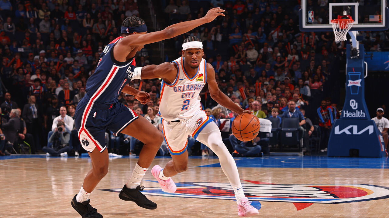 OKLAHOMA CITY, OK - FEBRUARY 23: Shai Gilgeous-Alexander #2 of the Oklahoma City Thunder handles the ball during the game against the Washington Wizards on February 23, 2024 at Paycom Arena in Oklahoma City, Oklahoma. Mandatory Copyright Notice: Copyright 2024 NBAE