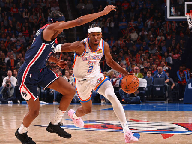 OKLAHOMA CITY, OK - FEBRUARY 23: Shai Gilgeous-Alexander #2 of the Oklahoma City Thunder handles the ball during the game against the Washington Wizards on February 23, 2024 at Paycom Arena in Oklahoma City, Oklahoma. Mandatory Copyright Notice: Copyright 2024 NBAE