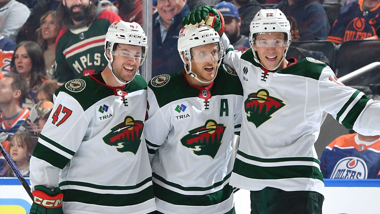 EDMONTON, CANADA - FEBRUARY 23: Jonas Brodin #25 of the Minnesota Wild celebrates his third-period goal against the Edmonton Oilers with teammates Joel Eriksson Ek #14, Matt Boldy #12 and Declan Chisholm #47 at Rogers Place on February 23, 2024, in Edmonton, Alberta, Canada.