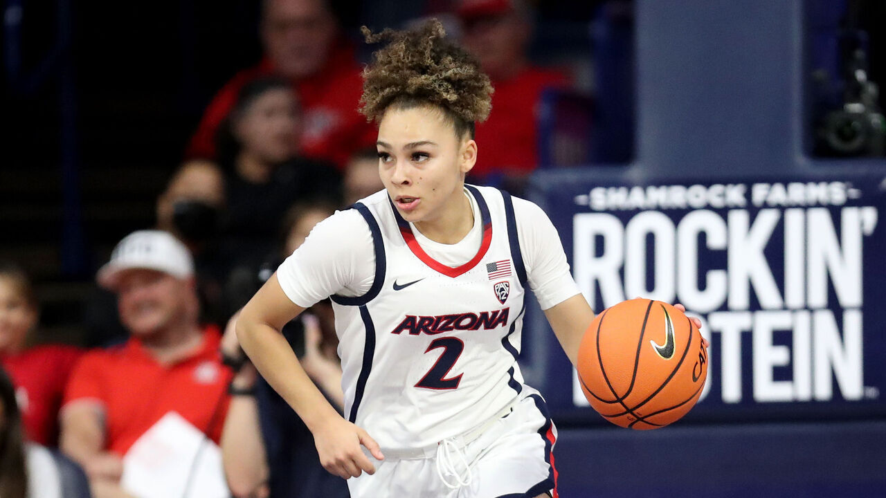 TUCSON, AZ - NOVEMBER 14: Arizona Wildcats guard Jada Williams #2 during a women's basketball game between the San Diego Toreros and the University of Arizona Wildcats on November 14, 2023 at McKale Center in Tucson, AZ.