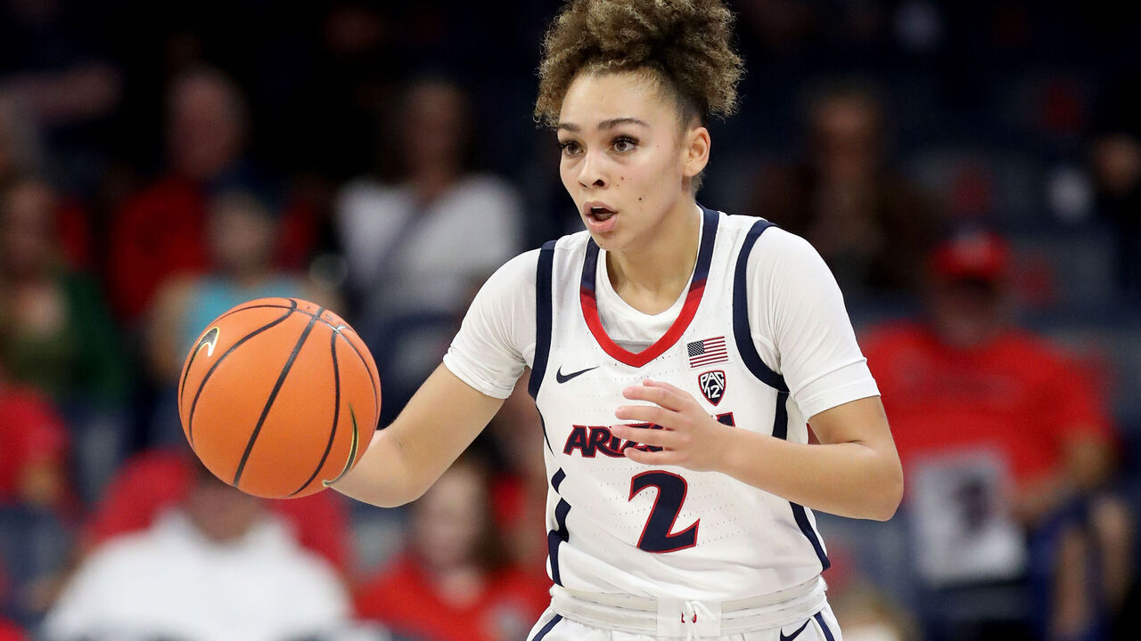 TUCSON, AZ - NOVEMBER 12: Arizona Wildcats guard Jada Williams #2 during a women's basketball game between the Loyola Marymount Lions and the University of Arizona Wildcats on November 12, 2023 at McKale Center in Tucson, AZ.