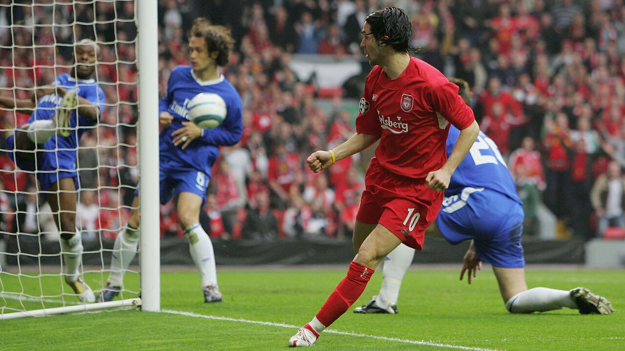 LIVERPOOL, ENGLAND - MAY 03: Luis Garcia of Liverpool scores the opening goal during the UEFA Champions League semi-final second leg match between Liverpool and Chelsea at Anfield on May 3, 2005 in Liverpool, England.