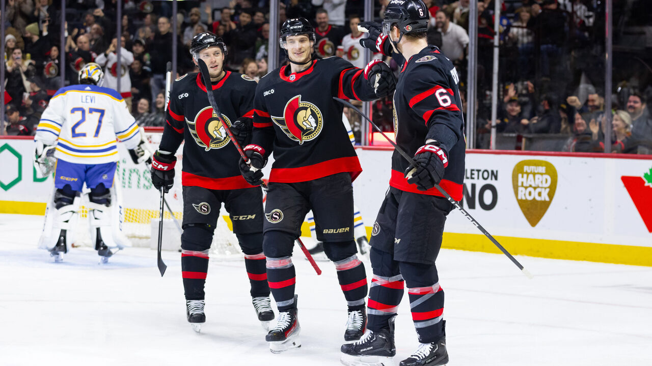 OTTAWA, ON - DECEMBER 31: Ottawa Senators Defenceman Jakob Chychrun (6) celebrates his goal with Left Wing Dominik Kubalik (81) and Left Wing Vladimir Tarasenko (91) during first period National Hockey League action between the Buffalo Sabres and Ottawa Senators on December 31, 2023, at Canadian Tire Centre in Ottawa, ON, Canada.