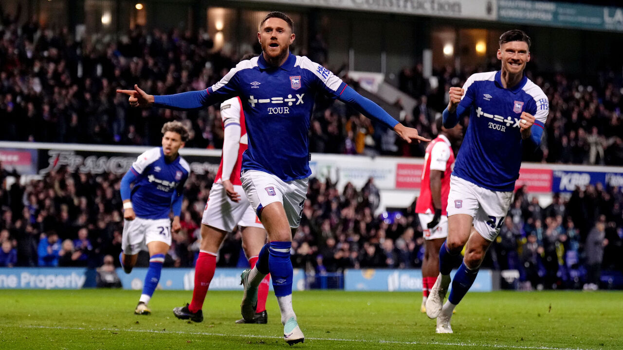 Ipswich Towns' Wes Burns celebrates scoring their side's first goal of the game during the Sky Bet Championship match at Portman Road, Ipswich. Picture date: Tuesday February 20, 2024.