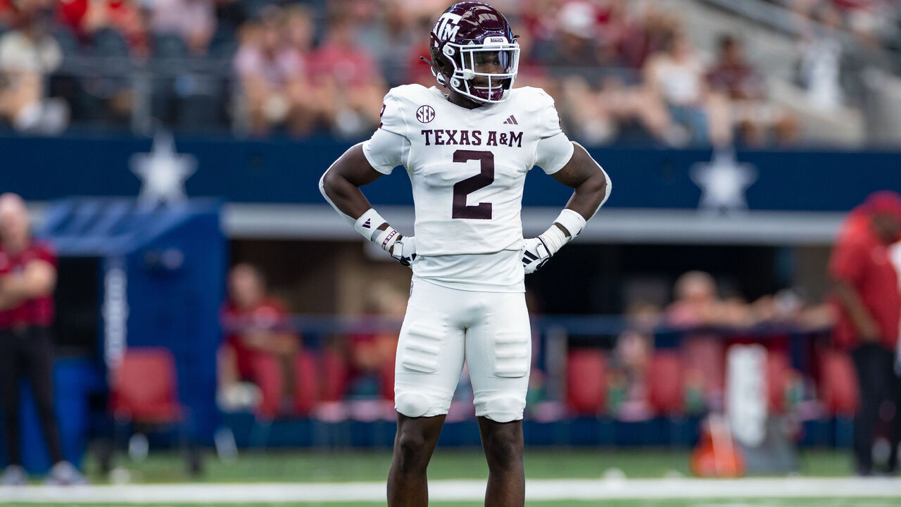 ARLINGTON, TX - SEPTEMBER 30: Texas A&M Aggies defensive back Jacoby Mathews (#2) looks down field during the Southwest Classic college football game between the Texas A&M Aggies and the Arkansas Razorbacks on September 30, 2023 at AT&T Stadium in Arlington, TX.