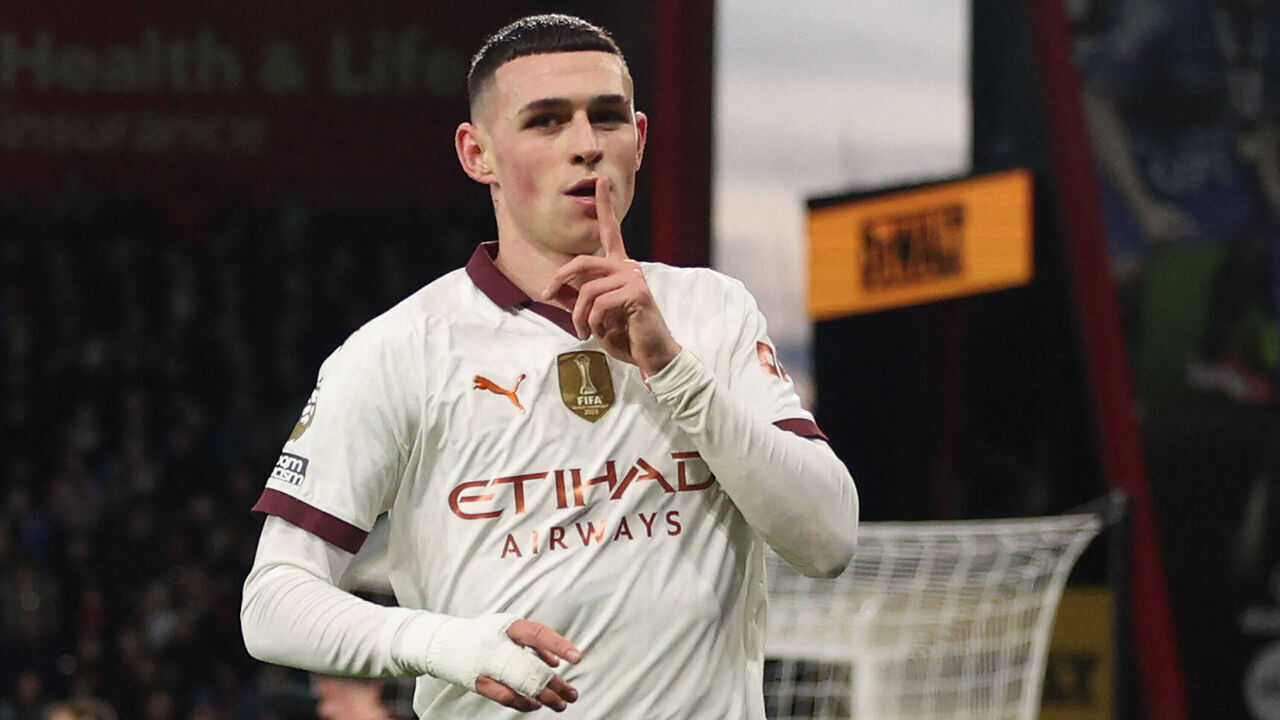 Manchester City's English midfielder #47 Phil Foden celebrates after scoring the opening goal of the English Premier League football match between Bournemouth and Manchester City at the Vitality Stadium in Bournemouth, southern England on February 24, 2024.