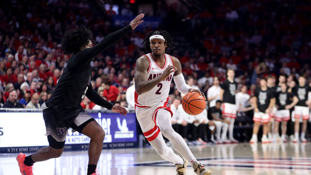 TUCSON, AZ - FEBRUARY 24: Arizona Wildcats guard Caleb Love #2 during the first half of a men's basketball game between the Washington Huskies and the University of Arizona Wildcats on February 24, 2024 at McKale Center in Tucson, AZ.
