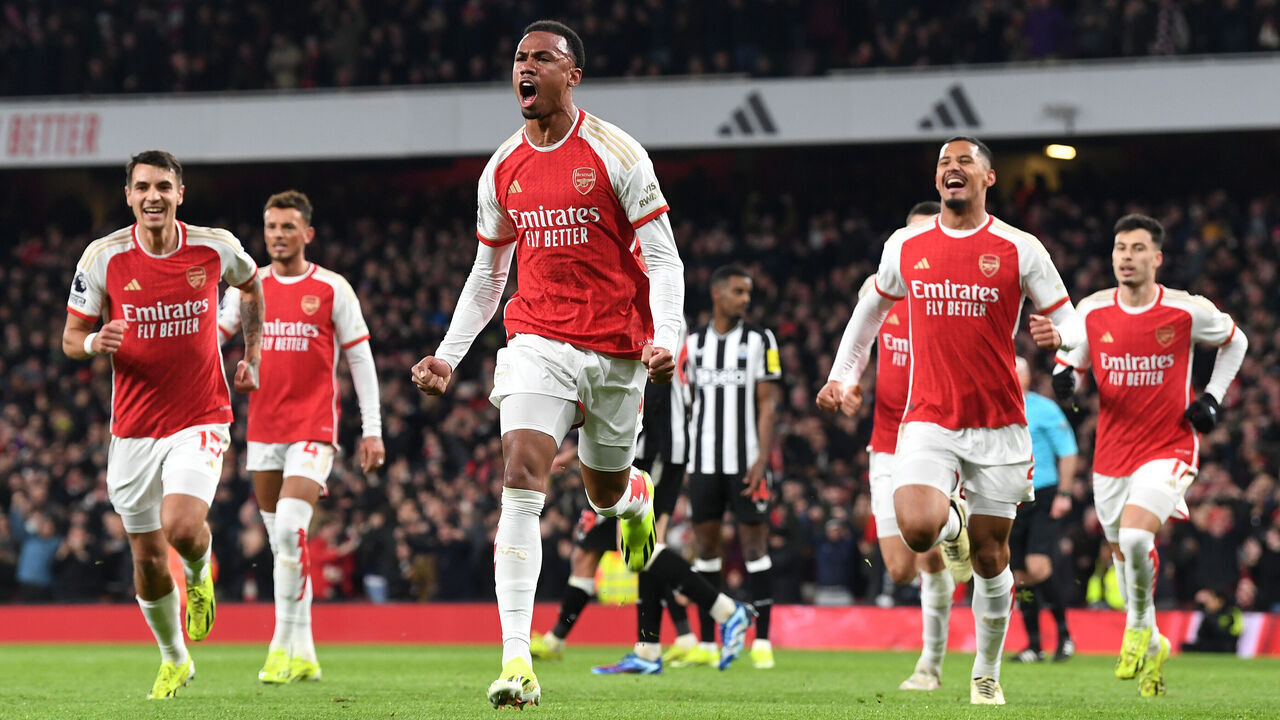 LONDON, ENGLAND - FEBRUARY 24: Gabriel of Arsenal celebrates his team's first goal, an own-goal scored by Sven Botman of Newcastle United (not pictured), during the Premier League match between Arsenal FC and Newcastle United at Emirates Stadium on February 24, 2024 in London, England.