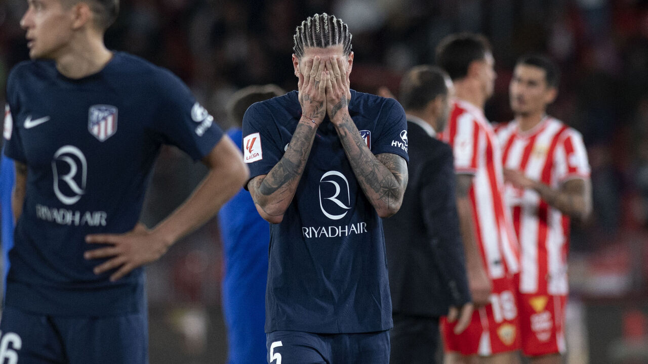 Atletico Madrid's Argentinian midfielder #05 Rodrigo De Paul reacts at the end of the Spanish league football match between UD Almeria and Club Atletico de Madrid at the Municipal Stadium of the Mediterranean Games in Almeria on February 24, 2024.
