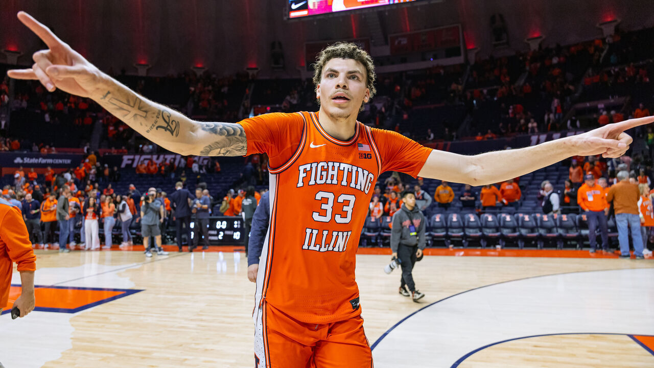 CHAMPAIGN, ILLINOIS - FEBRUARY 24: Coleman Hawkins #33 of the Illinois Fighting Illini reacts to the crowd following the game against the Iowa Hawkeyes at State Farm Center on February 24, 2024 in Champaign, Illinois.