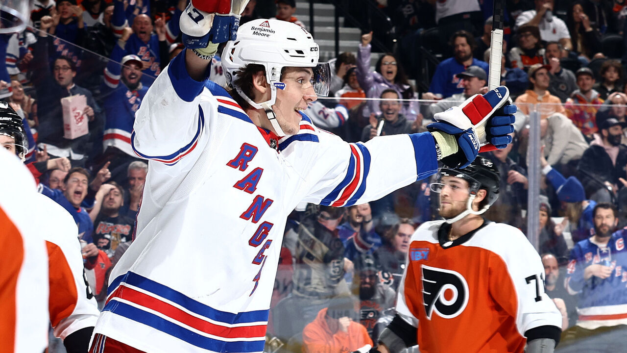 PHILADELPHIA, PENNSYLVANIA - FEBRUARY 24: Matt Rempe #73 of the New York Rangers reacts after scoring during the first period against the Philadelphia Flyers. at the Wells Fargo Center on February 24, 2024 in Philadelphia, Pennsylvania. Rempe scored his first-career NHL goal.