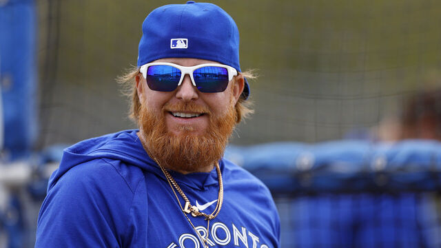 DUNEDIN, FLORIDA - FEBRUARY 23: Justin Turner #2 of the Toronto Blue Jays works out during spring training at TD Ballpark on February 23, 2024 in Dunedin, Florida.
