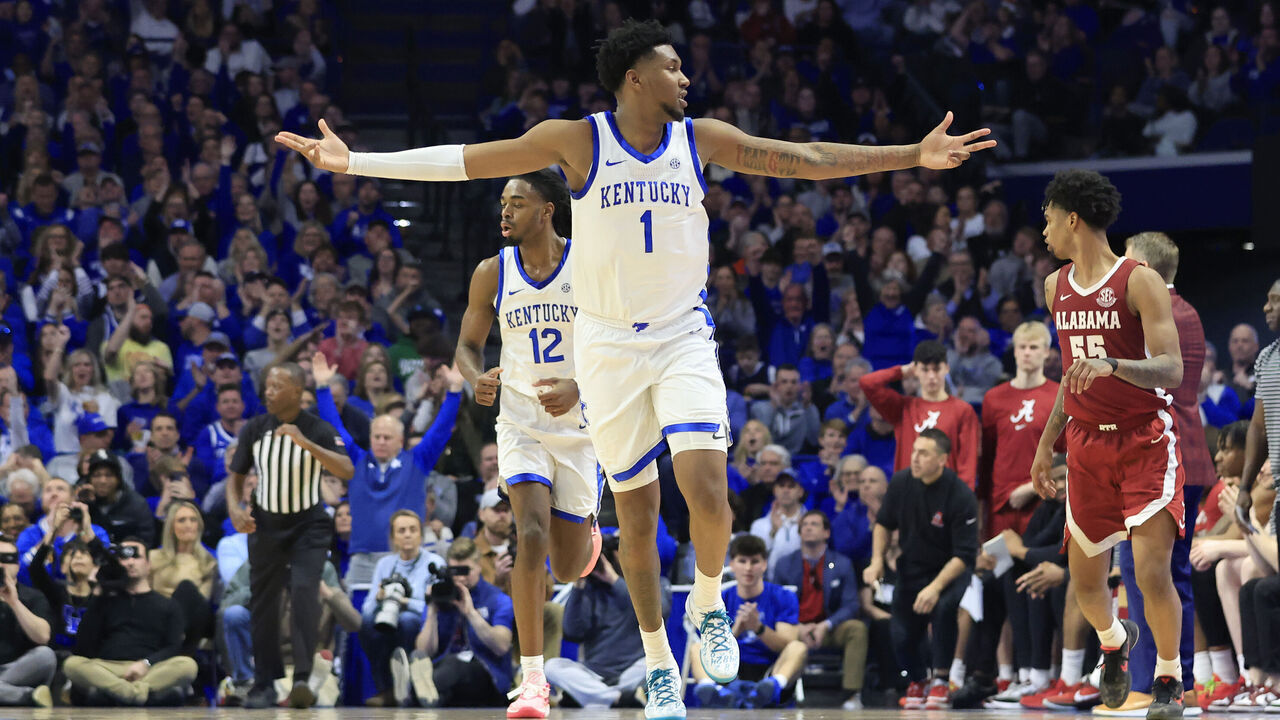 LEXINGTON, KENTUCKY - FEBRUARY 24: Justin Edwards #1 of the Kentucky Wildcats reacts after three pointer during the first half in the game against the Alabama Crimson Tide at Rupp Arena on February 24, 2024 in Lexington, Kentucky.