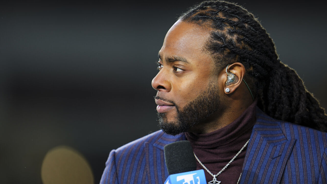 PITTSBURGH, PA - DECEMBER 07: Richard Sherman on set of the Amazon Prime TNF pregame show prior to an NFL football game between the New England Patriots and the Pittsburgh Steelers at Acrisure Stadium on December 7, 2023 in Pittsburgh, Pennsylvania.