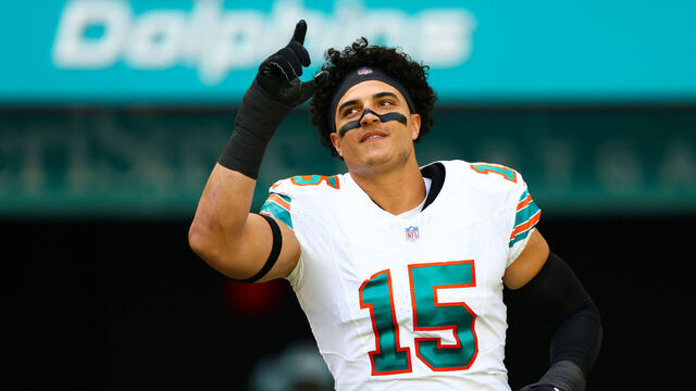 MIAMI GARDENS, FLORIDA - OCTOBER 29: Jaelan Phillips #15 of the Miami Dolphins takes the field prior to a game against the New England Patriots at Hard Rock Stadium on October 29, 2023 in Miami Gardens, Florida.
