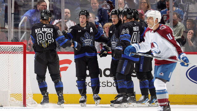 DENVER, COLORADO - FEBRUARY 24: William Nylander #88, Mitchell Marner #16, Tyler Bertuzzi #59, Morgan Rielly #44 and Auston Matthews #34 of the Toronto Maple Leafs celebrate a goal against the Colorado Avalanche at Ball Arena on February 24, 2024 in Denver, Colorado.
