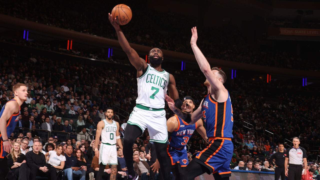 NEW YORK, NY - FEBRUARY 24: Jaylen Brown #7 of the Boston Celtics dribbles the ball during the game against the New York Knicks on February 24, 2024 at Madison Square Garden in New York City, New York. Mandatory Copyright Notice: Copyright 2024 NBAE