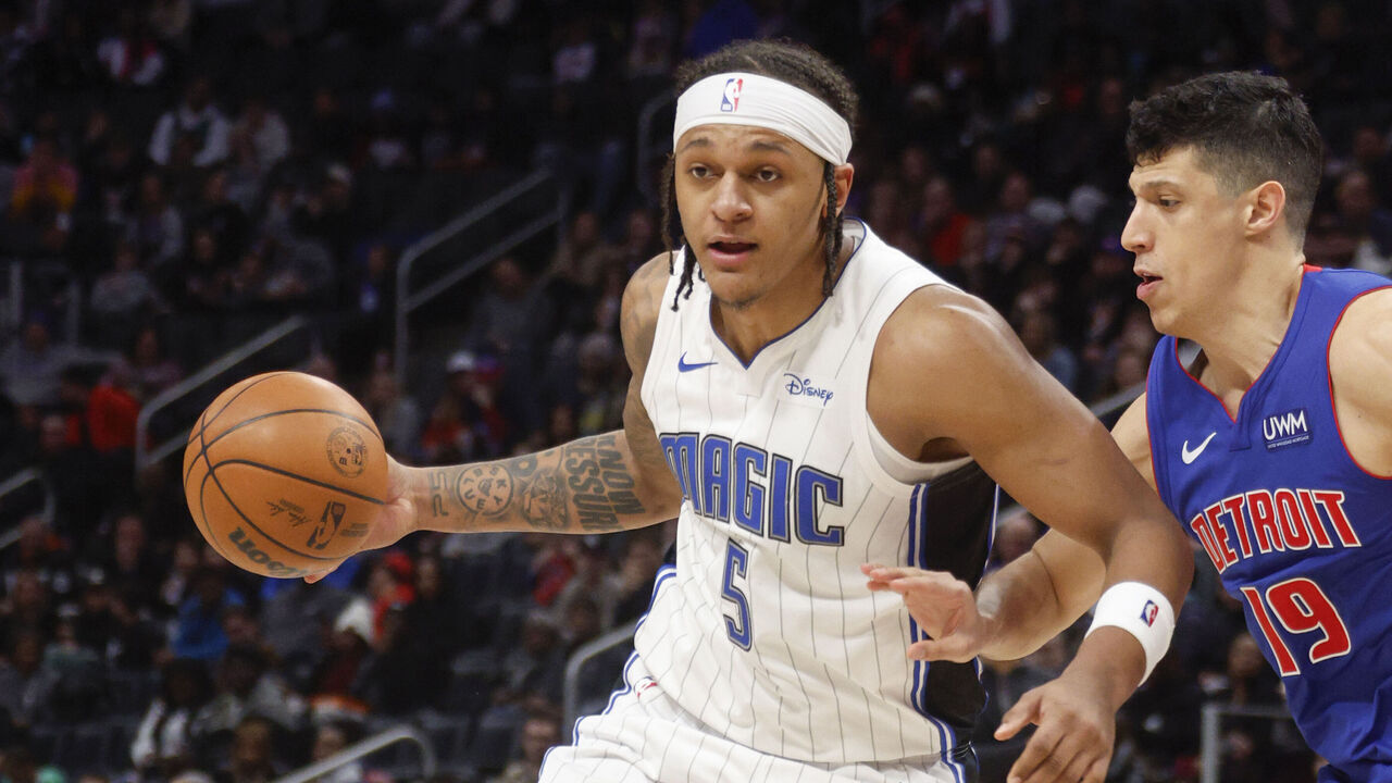 DETROIT, MI - FEBRUARY 24: Paolo Banchero #5 of the Orlando Magic goes to the basket during the game on February 24, 2024 at Little Caesars Arena in Detroit, Michigan. NOTE TO USER: User expressly acknowledges and agrees that, by downloading and/or using this photograph, User is consenting to the terms and conditions of the Getty Images License Agreement. Mandatory Copyright Notice: Copyright 2024 NBAE