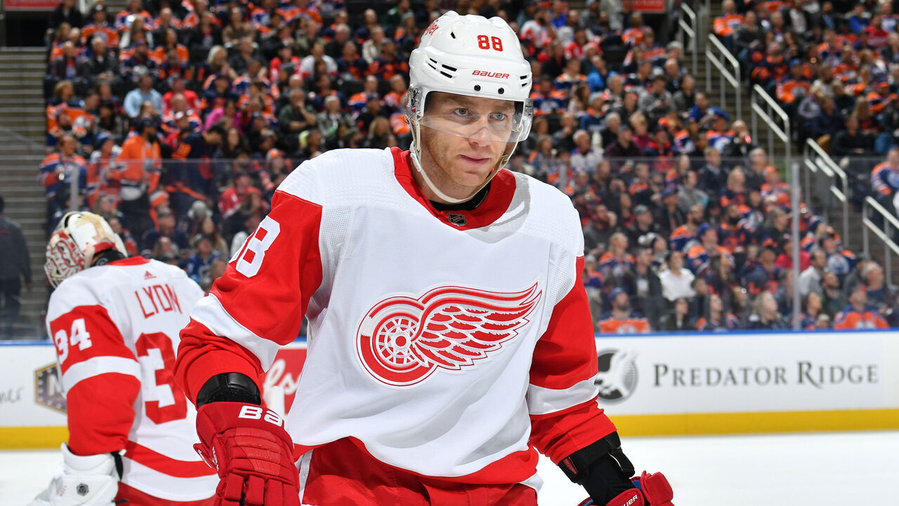 EDMONTON, CANADA - FEBRUARY 13: Patrick Kane #88 of the Detroit Red Wings awaits a face-off during the game against the Edmonton Oilers at Rogers Place on February 13, 2024, in Edmonton, Alberta, Canada.