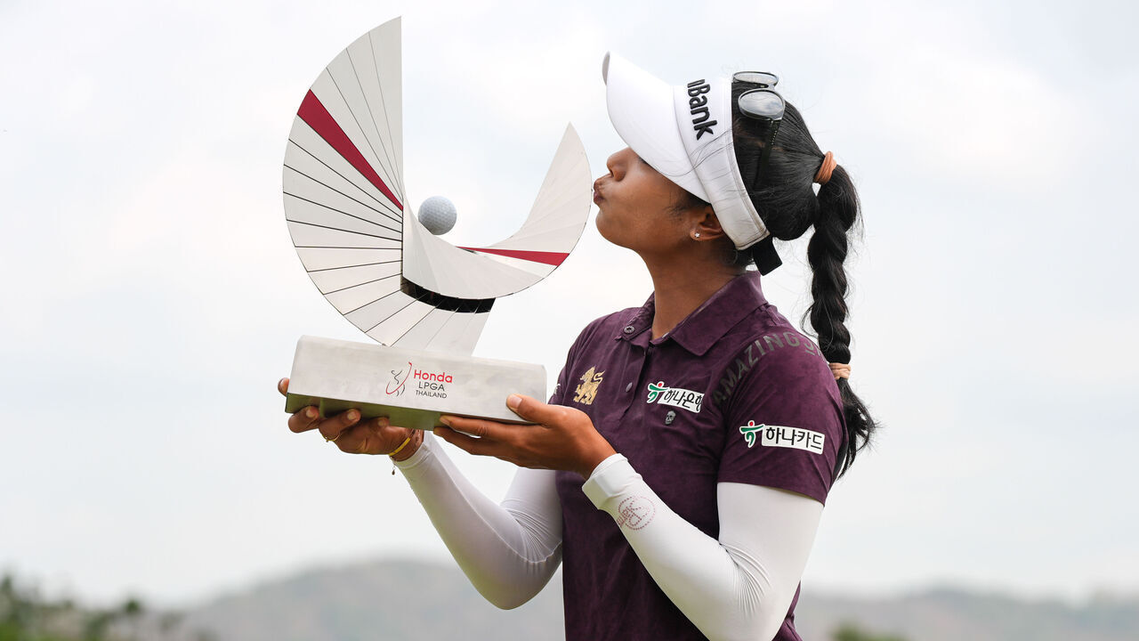 CHON BURI, THAILAND - FEBRUARY 25: Patty Tavatanakit of Thailand poses with The Honda LPGA Thailand trophy after victory in the final round of the Honda LPGA Thailand at Siam Country Club on February 25, 2024 in Chon Buri, .