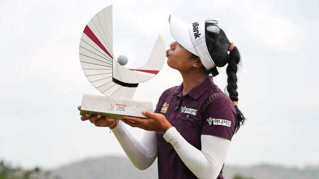 CHON BURI, THAILAND - FEBRUARY 25: Patty Tavatanakit of Thailand poses with The Honda LPGA Thailand trophy after victory in the final round of the Honda LPGA Thailand at Siam Country Club on February 25, 2024 in Chon Buri, .