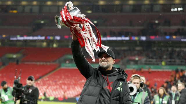 LONDON, ENGLAND - FEBRUARY 25: Jurgen Klopp, Manager of Liverpool celebrates with the trophy after winning the Carabao Cup Final match between Chelsea and Liverpool at Wembley Stadium on February 25, 2024 in London, England.