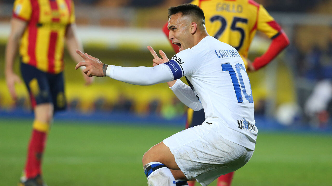 Inter Milan's Argentinian forward #10 Lautaro Martinez celebrates after scoring during the Italian Serie A football match between Lecce and Inter Milan at the Ettore Giardiniero stadium in Lecce, on February 25, 2024.