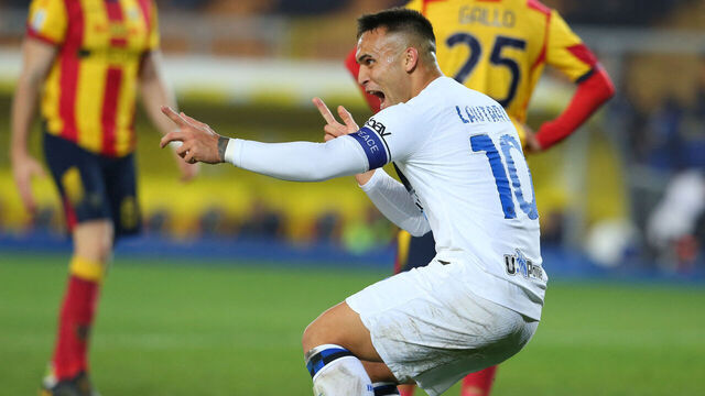 Inter Milan's Argentinian forward #10 Lautaro Martinez celebrates after scoring during the Italian Serie A football match between Lecce and Inter Milan at the Ettore Giardiniero stadium in Lecce, on February 25, 2024.