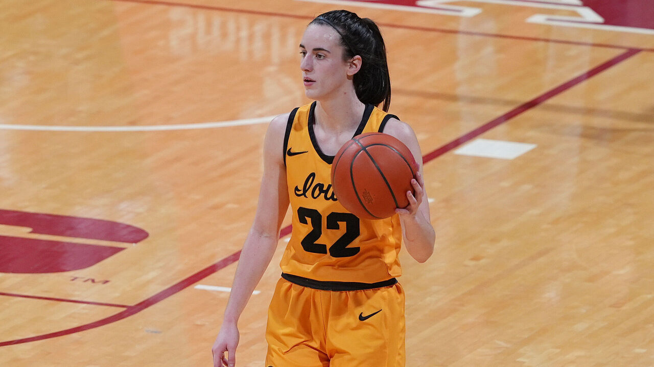 BLOOMINGTON, IN - FEBRUARY 22: Iowa Hawkeyes guard Caitlin Clark (22) brings the ball up court against the Indiana Hoosiers on February 22, 2024 at Simon Skjodt in Bloomington, Indiana