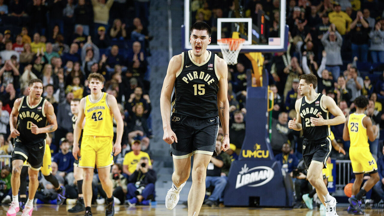 ANN ARBOR, MICHIGAN - FEBRUARY 25: Zach Edey #15 of the Purdue Boilermakers reacts after a basket in the first half of a game against the Michigan Wolverines at Crisler Arena on February 25, 2024 in Ann Arbor, Michigan.