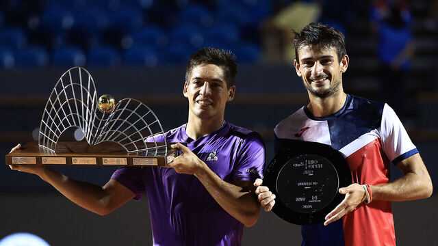 RIO DE JANEIRO, BRAZIL - FEBRUARY 25: Sebastián Báez (L) of Argentina poses for photographers with Mariano Navone of Argentina after winning the final match against of Argentina of ATP 500 Rio Open presented by Claro at Jockey Club Brasileiro on February 25, 2024 in Rio de Janeiro, Brazil.