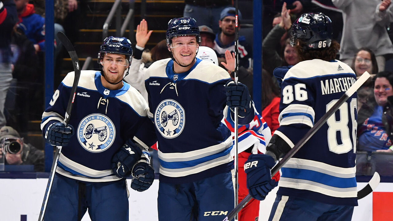 COLUMBUS, OHIO - FEBRUARY 25: Dmitri Voronkov #10 of the Columbus Blue Jackets celebrates his first period goal with teammates Yegor Chinakhov #59 and Kirill Marchenko #86 of the Columbus Blue Jackets during a game against the New York Rangers at Nationwide Arena on February 25, 2024 in Columbus, Ohio.